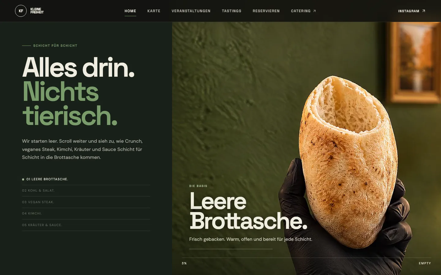 Beginn der Scroll-Geschichte: leere Brottasche in einer Hand