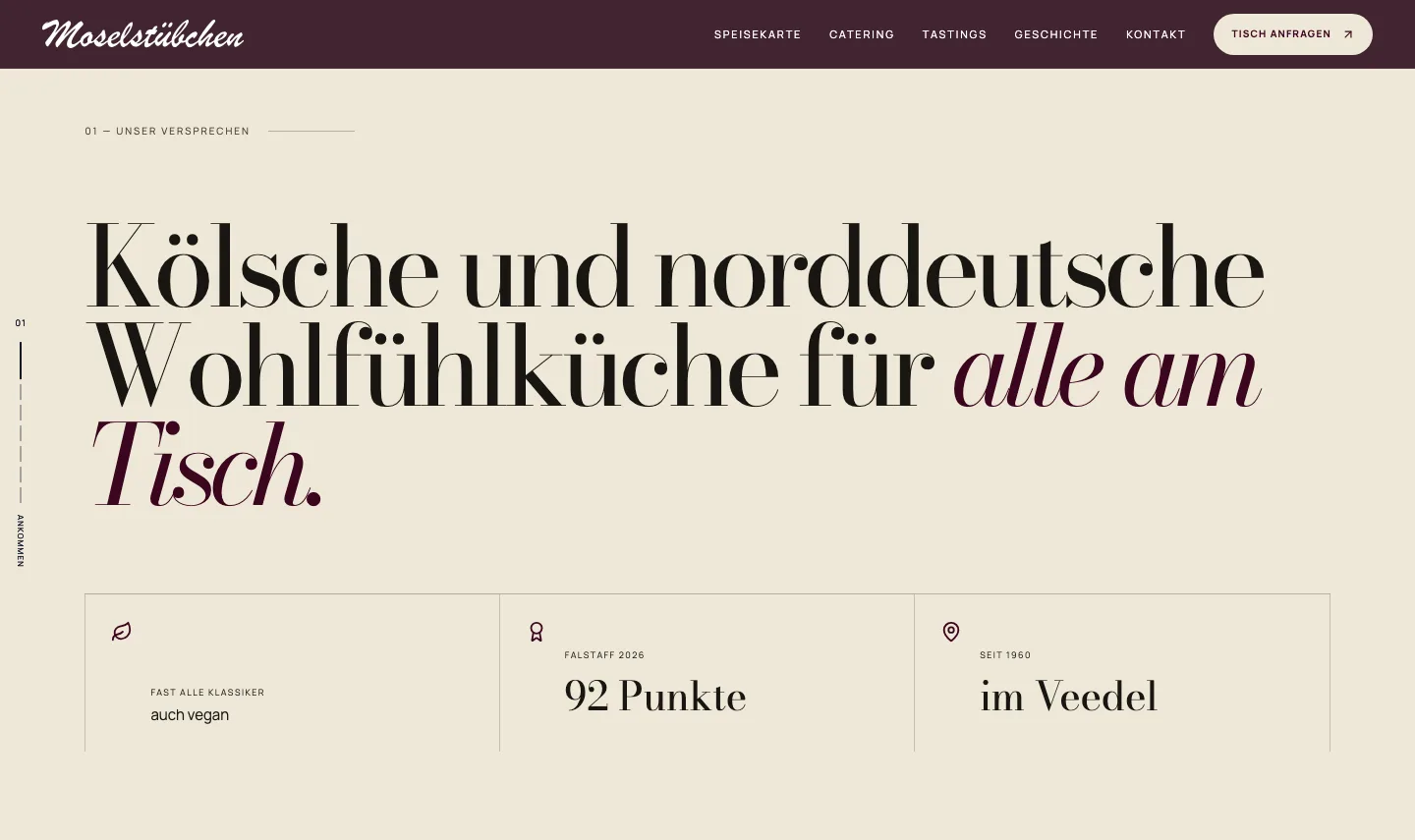 Sektion Unser Versprechen mit drei Fakten: fast alle Klassiker vegan, Falstaff 92 Punkte, im Veedel