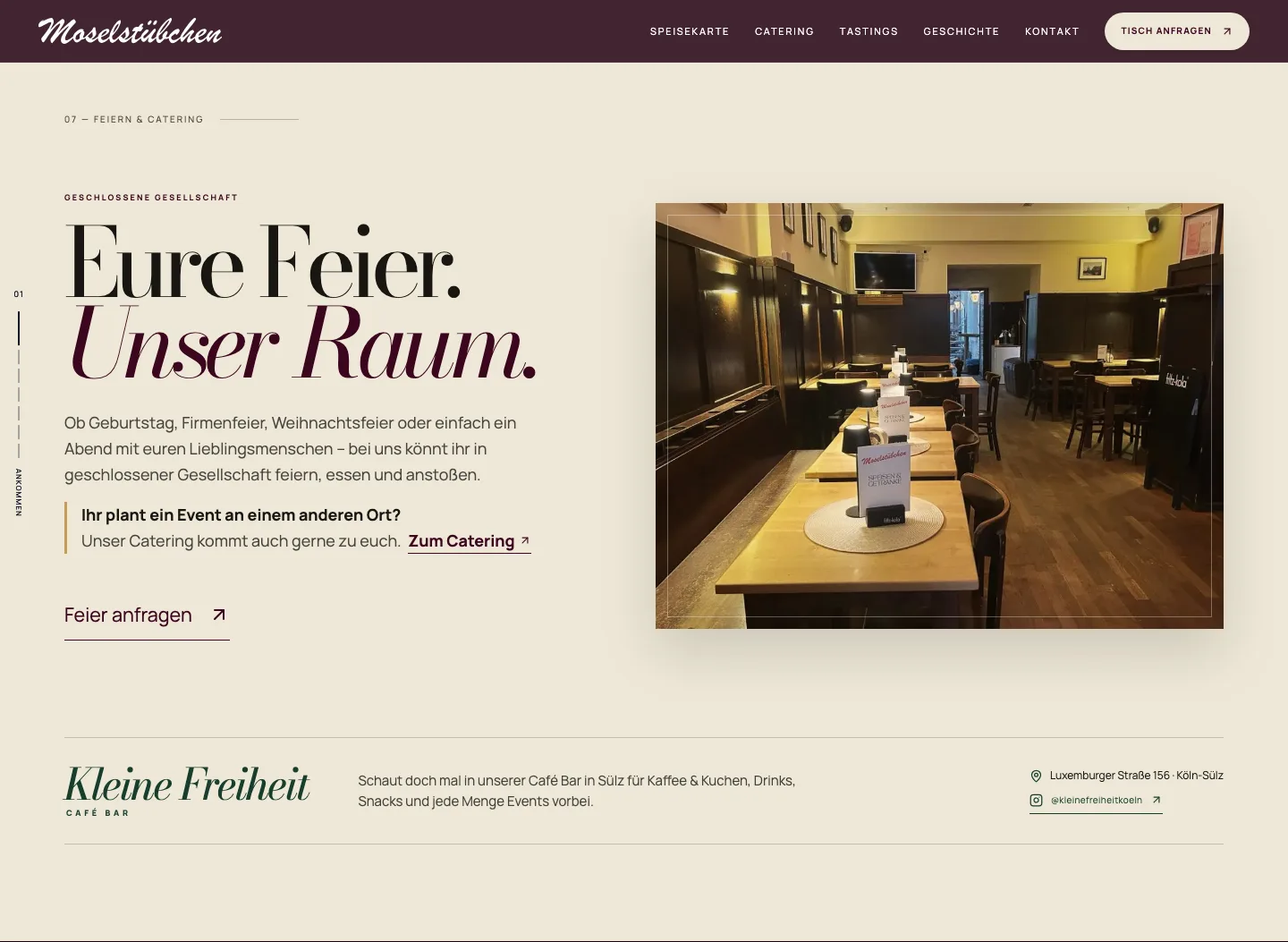 Sektion Eure Feier. Unser Raum. mit Raumfoto, Link zum Catering und Feier anfragen