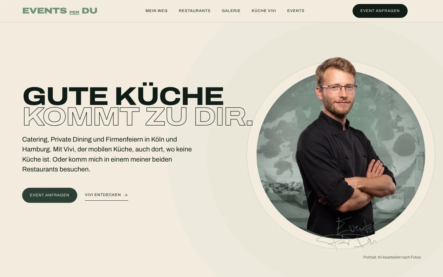 Startseite von tim-rosnau.de am Desktop: Gute Küche kommt zu dir, daneben Tim Rosnau vor einem grünen Teller mit Küchenszene und der Signatur Events per du
